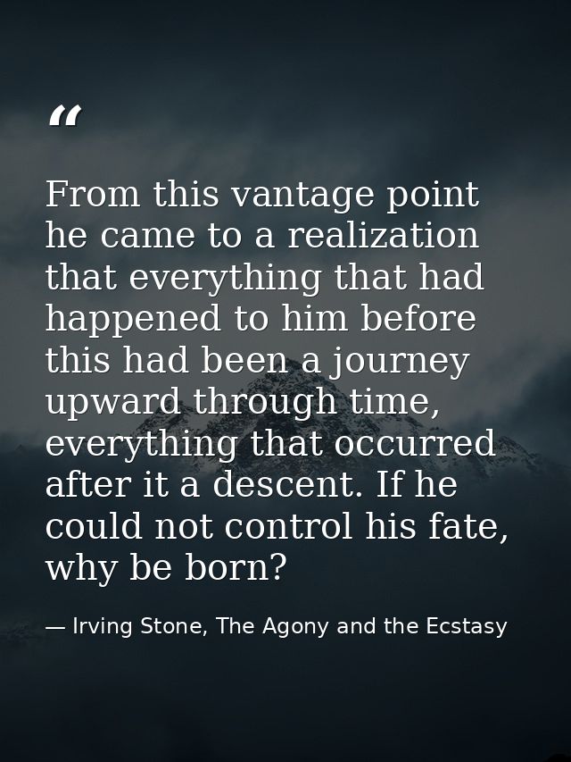 From this vantage point he came to a realization that everything that had happened to him before this had been a journey — Irving Stone, The Agony and the Ecstasy