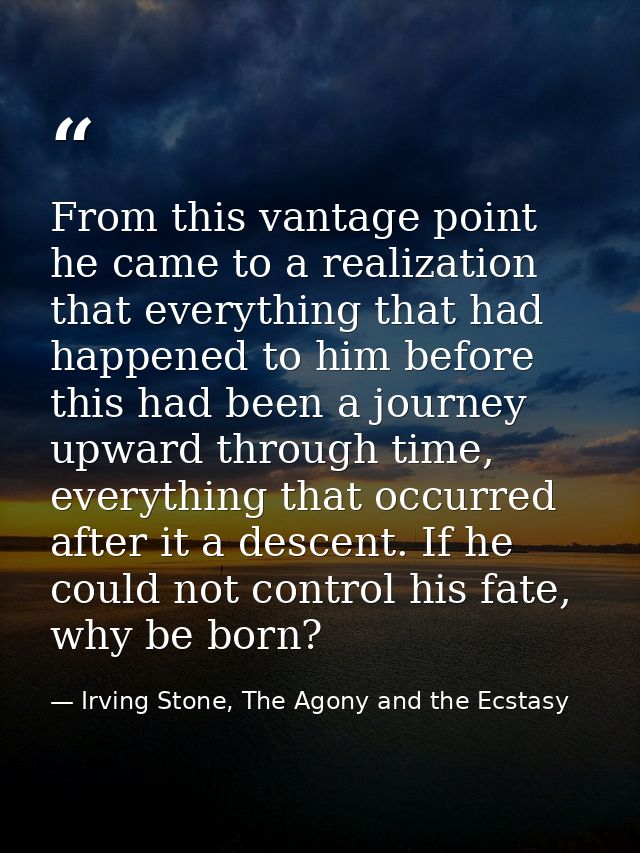 From this vantage point he came to a realization that everything that had happened to him before this had been a journey — Irving Stone, The Agony and the Ecstasy