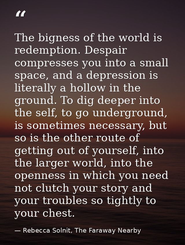 The bigness of the world is redemption. Despair compresses you into a small space, and a depression is literally a hollo — Rebecca Solnit, The Faraway Nearby