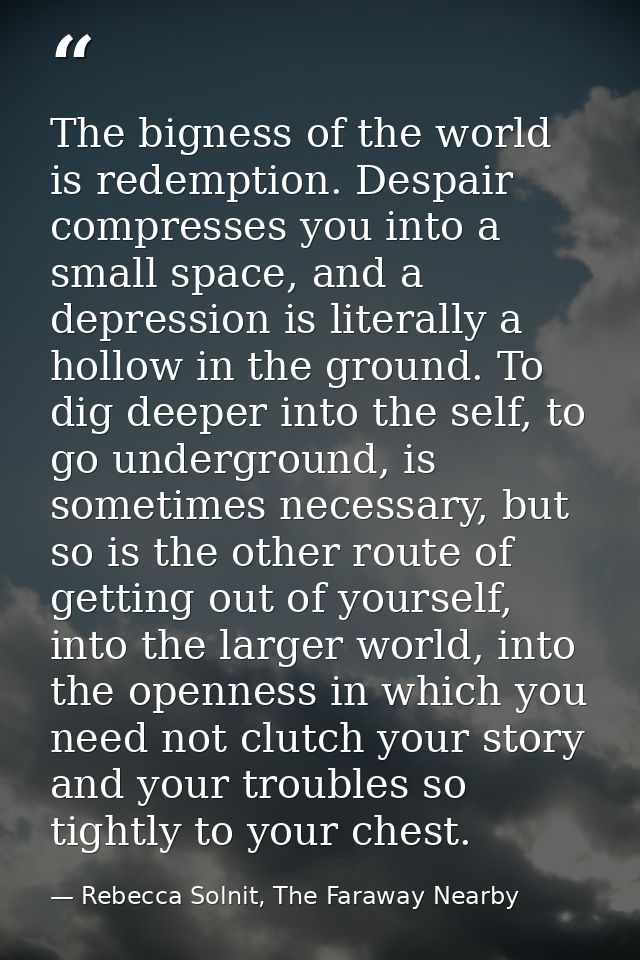 The bigness of the world is redemption. Despair compresses you into a small space, and a depression is literally a hollo — Rebecca Solnit, The Faraway Nearby