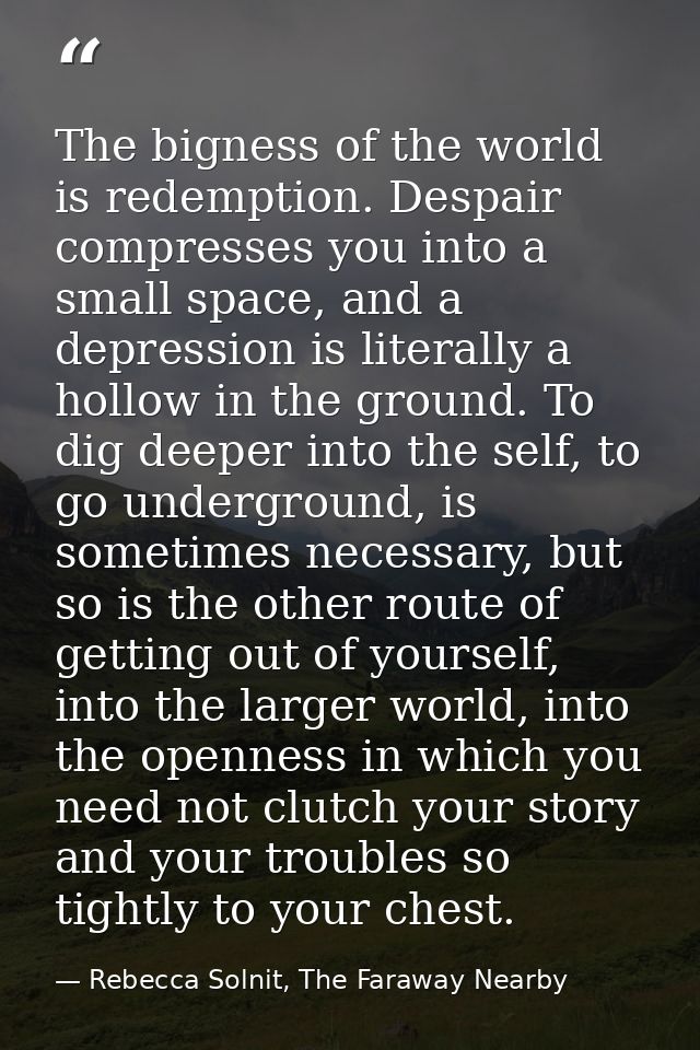 The bigness of the world is redemption. Despair compresses you into a small space, and a depression is literally a hollo — Rebecca Solnit, The Faraway Nearby