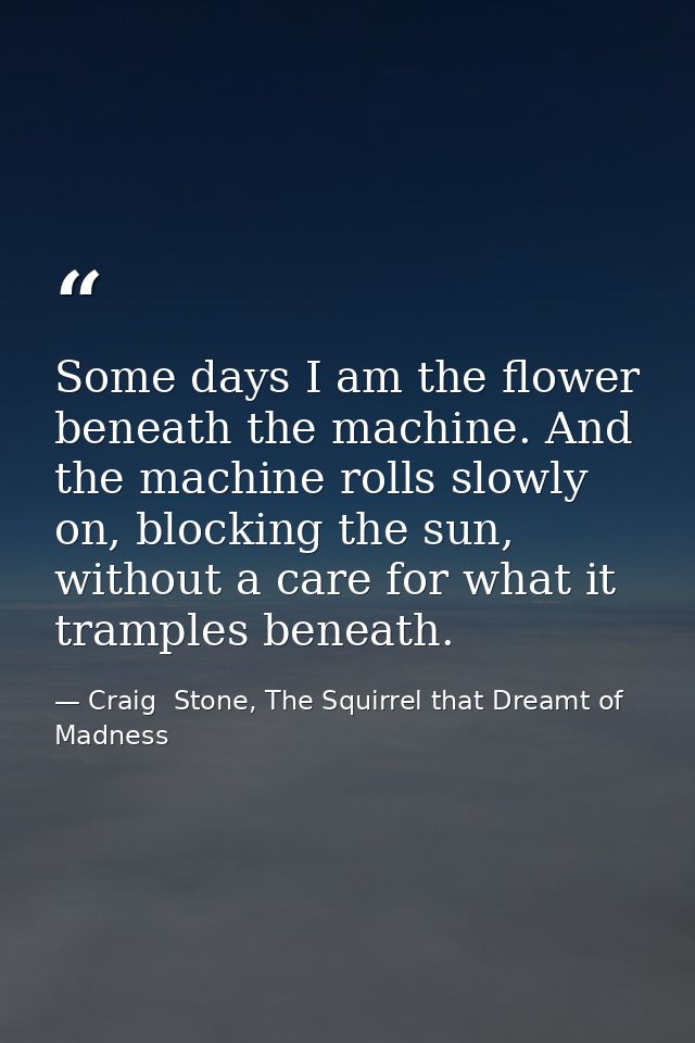 Some days I am the flower beneath the machine. And the machine rolls slowly on, blocking the sun, without a care for wha — Craig  Stone, The Squirrel that Dreamt of Madness