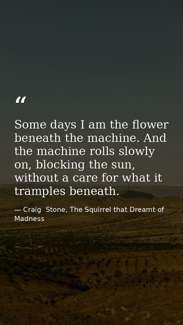 Some days I am the flower beneath the machine. And the machine rolls slowly on, blocking the sun, without a care for wha — Craig  Stone, The Squirrel that Dreamt of Madness