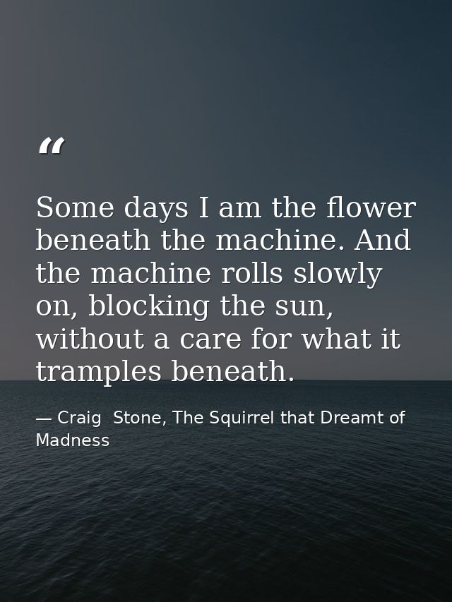 Some days I am the flower beneath the machine. And the machine rolls slowly on, blocking the sun, without a care for wha — Craig  Stone, The Squirrel that Dreamt of Madness