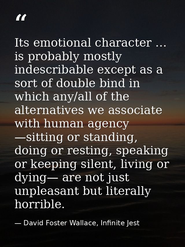 Its emotional character … is probably mostly indescribable except as a sort of double bind in which any/all of the alter — David Foster Wallace, Infinite Jest