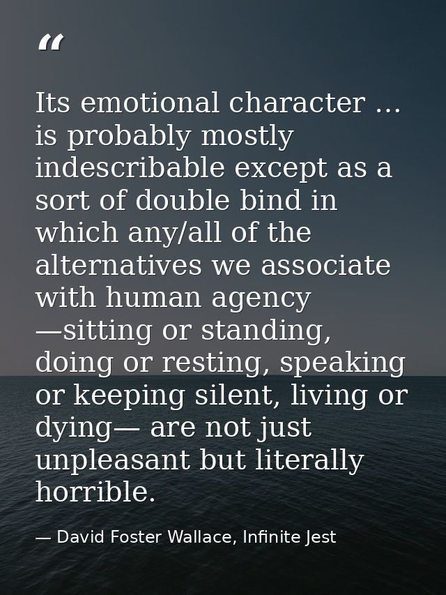 Its emotional character … is probably mostly indescribable except as a sort of double bind in which any/all of the alter — David Foster Wallace, Infinite Jest