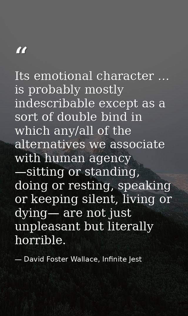 Its emotional character … is probably mostly indescribable except as a sort of double bind in which any/all of the alter — David Foster Wallace, Infinite Jest