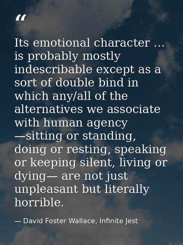 Its emotional character … is probably mostly indescribable except as a sort of double bind in which any/all of the alter — David Foster Wallace, Infinite Jest