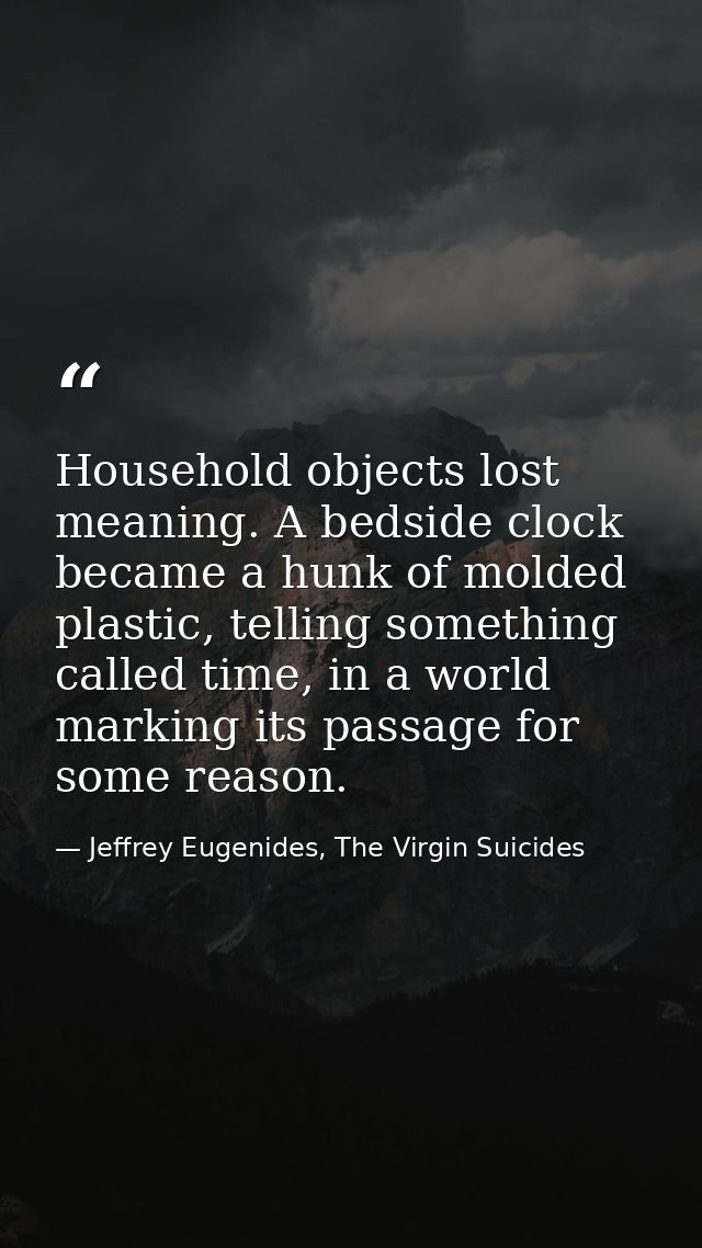 Household objects lost meaning. A bedside clock became a hunk of molded plastic, telling something called time, in a wor — Jeffrey Eugenides, The Virgin Suicides