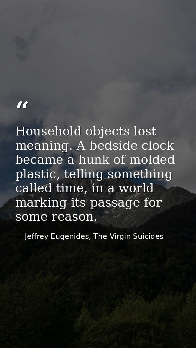 Household objects lost meaning. A bedside clock became a hunk of molded plastic, telling something called time, in a wor — Jeffrey Eugenides, The Virgin Suicides
