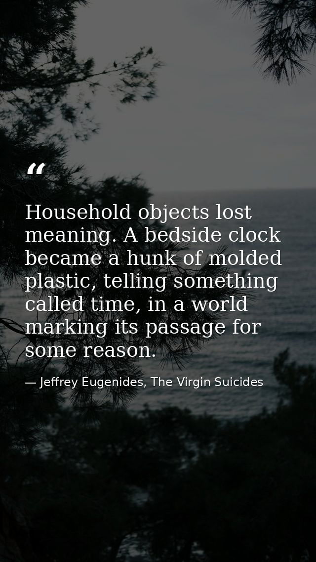 Household objects lost meaning. A bedside clock became a hunk of molded plastic, telling something called time, in a wor — Jeffrey Eugenides, The Virgin Suicides