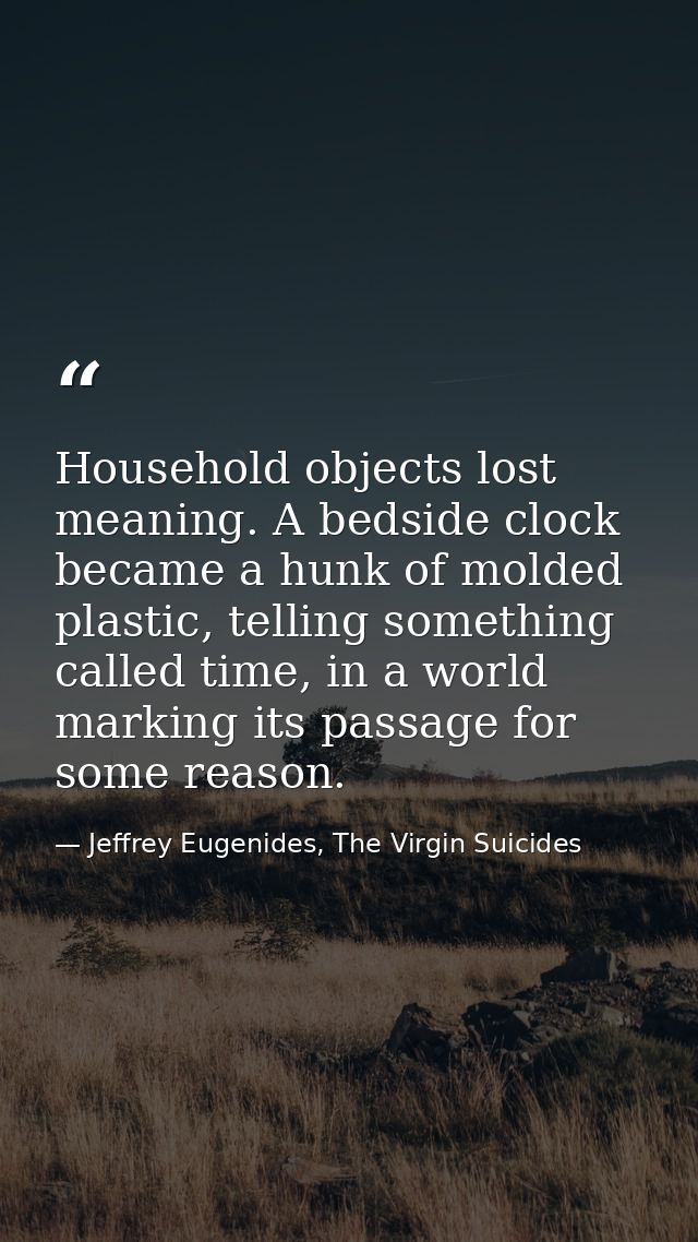 Household objects lost meaning. A bedside clock became a hunk of molded plastic, telling something called time, in a wor — Jeffrey Eugenides, The Virgin Suicides
