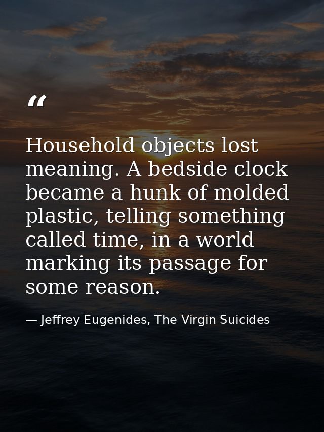 Household objects lost meaning. A bedside clock became a hunk of molded plastic, telling something called time, in a wor — Jeffrey Eugenides, The Virgin Suicides
