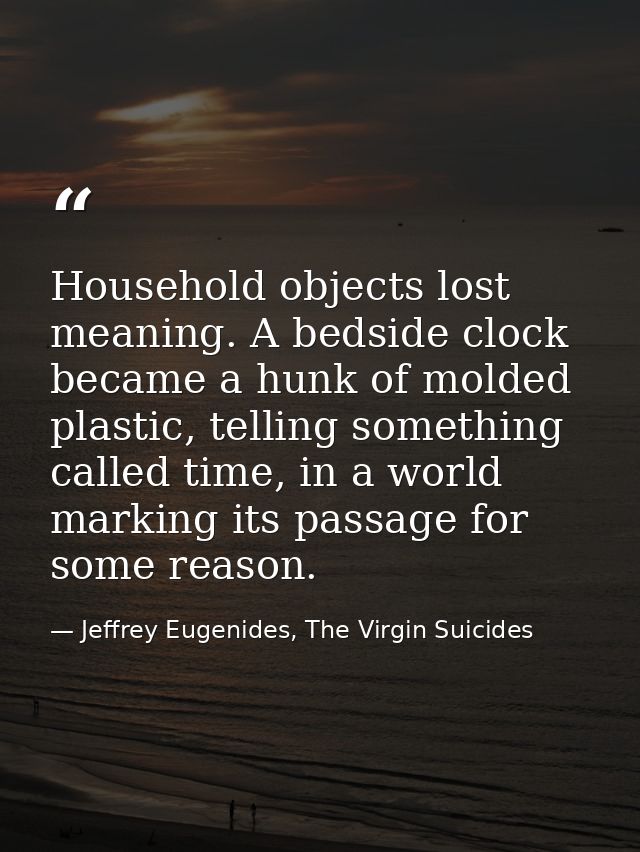 Household objects lost meaning. A bedside clock became a hunk of molded plastic, telling something called time, in a wor — Jeffrey Eugenides, The Virgin Suicides
