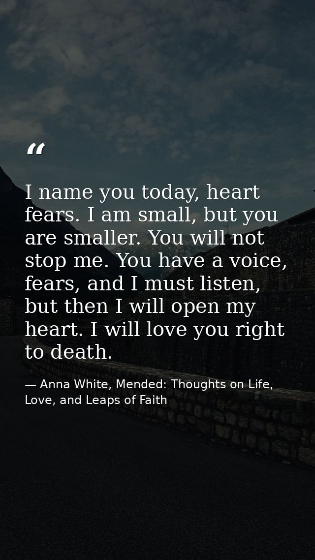 I name you today, heart fears. I am small, but you are smaller. You will not stop me. You have a voice, fears, and I mus — Anna White, Mended: Thoughts on Life, Love, and Leaps of Faith