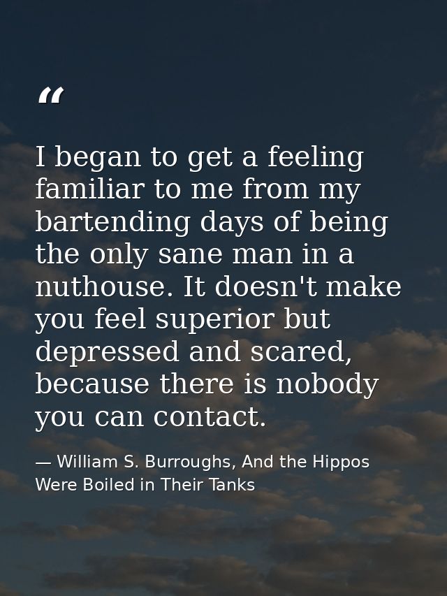 I began to get a feeling familiar to me from my bartending days of being the only sane man in a nuthouse. It doesn't mak — William S. Burroughs, And the Hippos Were Boiled in Their Tanks