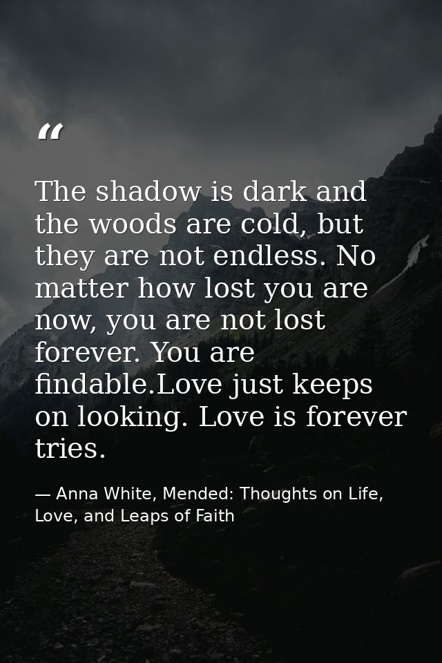 The shadow is dark and the woods are cold, but they are not endless. No matter how lost you are now, you are not lost fo — Anna White, Mended: Thoughts on Life, Love, and Leaps of Faith