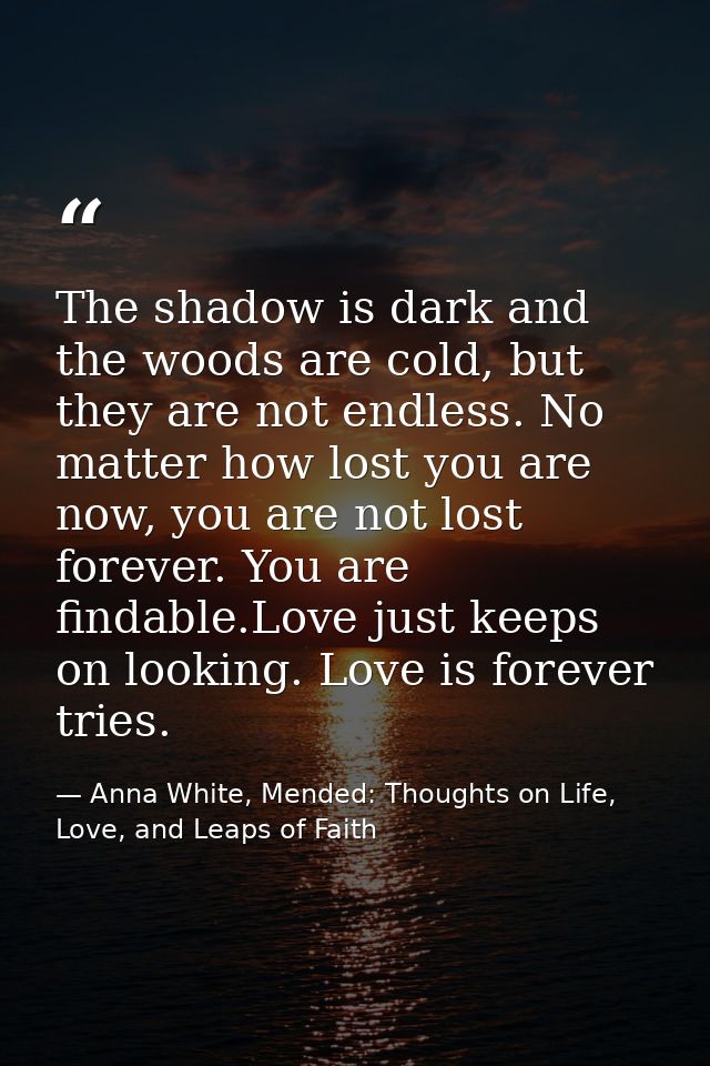 The shadow is dark and the woods are cold, but they are not endless. No matter how lost you are now, you are not lost fo — Anna White, Mended: Thoughts on Life, Love, and Leaps of Faith