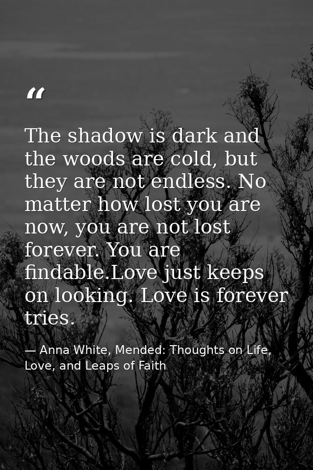 The shadow is dark and the woods are cold, but they are not endless. No matter how lost you are now, you are not lost fo — Anna White, Mended: Thoughts on Life, Love, and Leaps of Faith