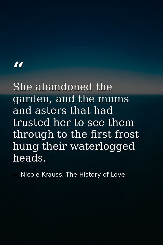 She abandoned the garden, and the mums and asters that had trusted her to see them through to the first frost hung their — Nicole Krauss, The History of Love
