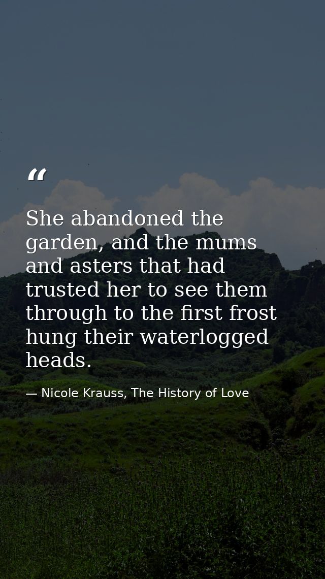 She abandoned the garden, and the mums and asters that had trusted her to see them through to the first frost hung their — Nicole Krauss, The History of Love