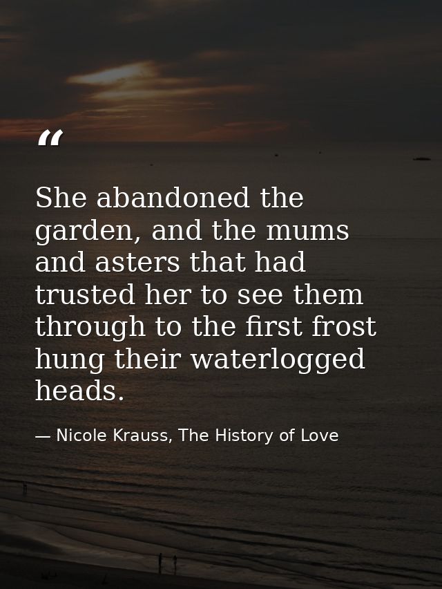 She abandoned the garden, and the mums and asters that had trusted her to see them through to the first frost hung their — Nicole Krauss, The History of Love