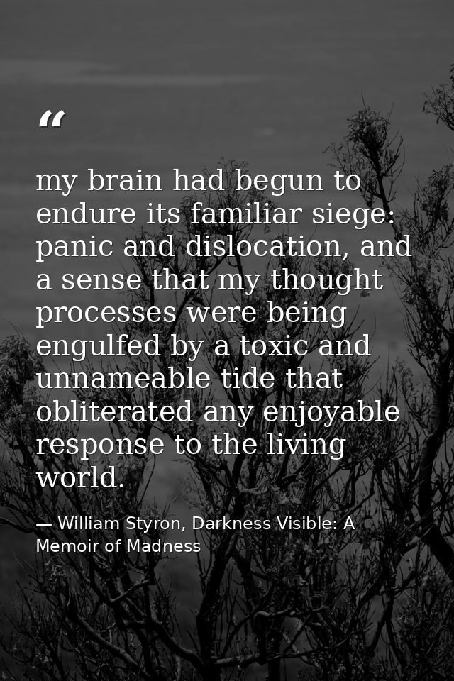 my brain had begun to endure its familiar siege: panic and dislocation, and a sense that my thought processes were being — William Styron, Darkness Visible: A Memoir of Madness