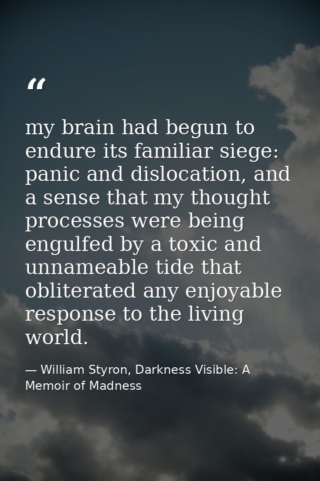 my brain had begun to endure its familiar siege: panic and dislocation, and a sense that my thought processes were being — William Styron, Darkness Visible: A Memoir of Madness