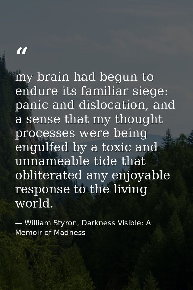 my brain had begun to endure its familiar siege: panic and dislocation, and a sense that my thought processes were being — William Styron, Darkness Visible: A Memoir of Madness