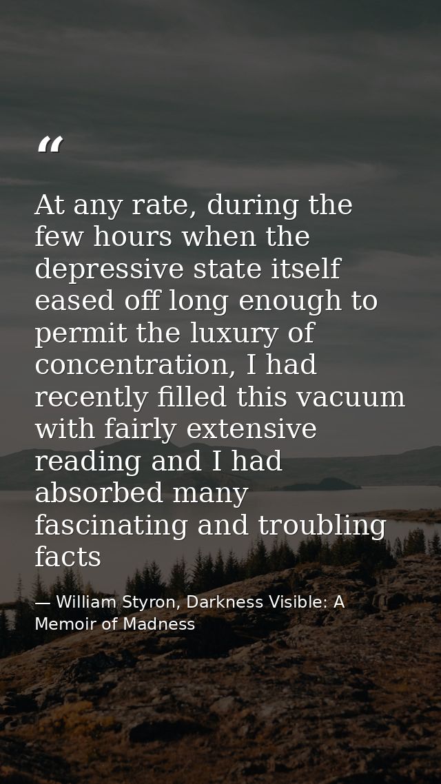 At any rate, during the few hours when the depressive state itself eased off long enough to permit the luxury of concent — William Styron, Darkness Visible: A Memoir of Madness