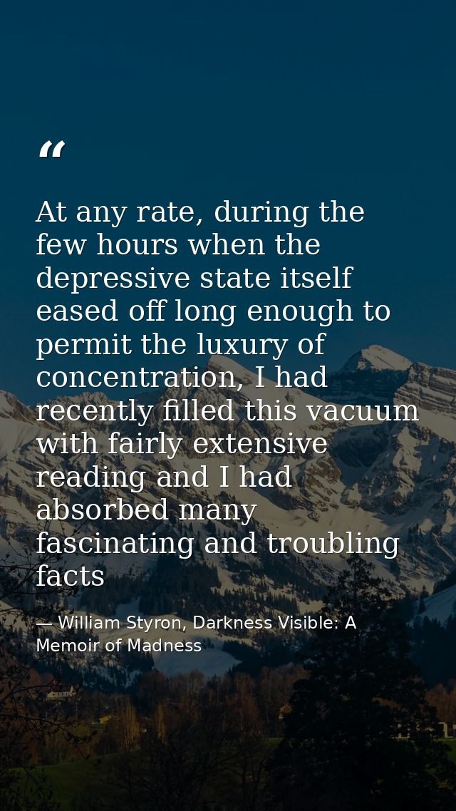 At any rate, during the few hours when the depressive state itself eased off long enough to permit the luxury of concent — William Styron, Darkness Visible: A Memoir of Madness