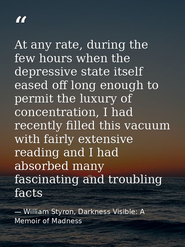 At any rate, during the few hours when the depressive state itself eased off long enough to permit the luxury of concent — William Styron, Darkness Visible: A Memoir of Madness