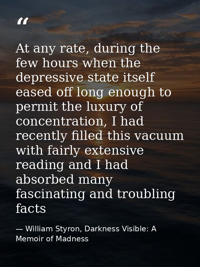 At any rate, during the few hours when the depressive state itself eased off long enough to permit the luxury of concent — William Styron, Darkness Visible: A Memoir of Madness