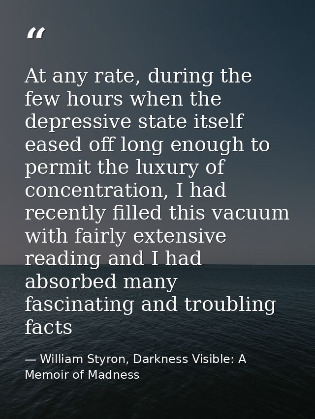 At any rate, during the few hours when the depressive state itself eased off long enough to permit the luxury of concent — William Styron, Darkness Visible: A Memoir of Madness