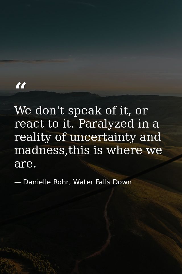 We don't speak of it, or react to it. Paralyzed in a reality of uncertainty and madness,this is where we are. — Danielle Rohr, Water Falls Down