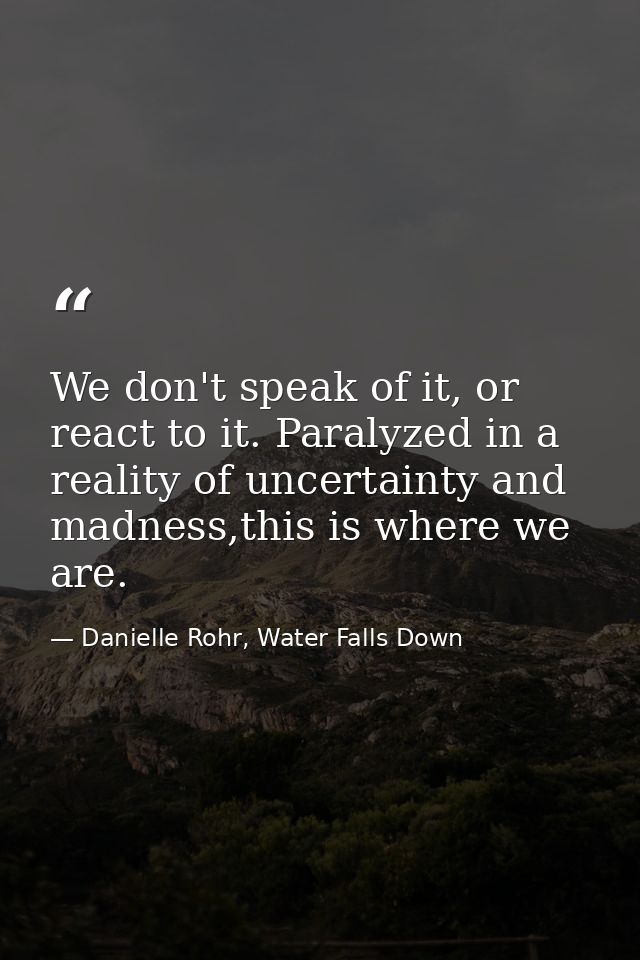 We don't speak of it, or react to it. Paralyzed in a reality of uncertainty and madness,this is where we are. — Danielle Rohr, Water Falls Down