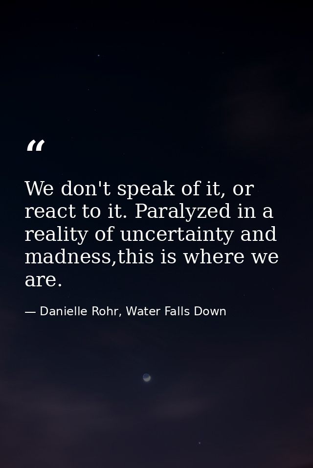 We don't speak of it, or react to it. Paralyzed in a reality of uncertainty and madness,this is where we are. — Danielle Rohr, Water Falls Down
