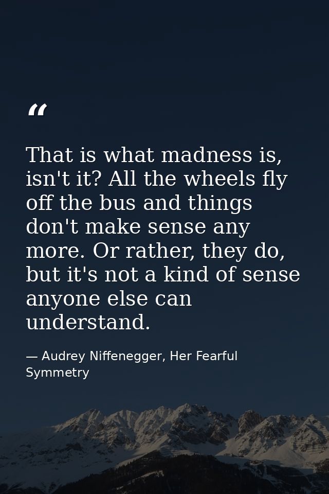 That is what madness is, isn't it? All the wheels fly off the bus and things don't make sense any more. Or rather, they  — Audrey Niffenegger, Her Fearful Symmetry