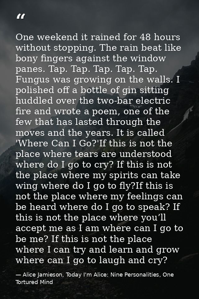 One weekend it rained for 48 hours without stopping. The rain beat like bony fingers against the window panes. Tap. Tap. — Alice Jamieson, Today I'm Alice: Nine Personalities, One Tortured Mind