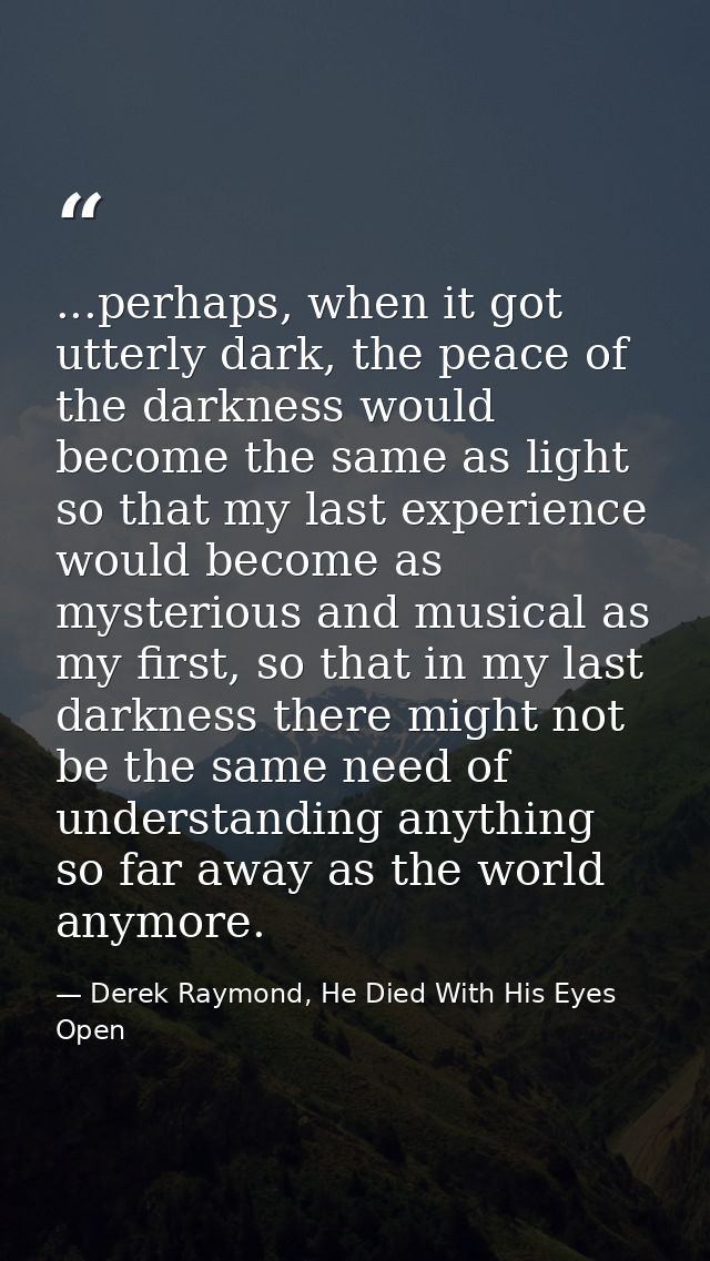 ...perhaps, when it got utterly dark, the peace of the darkness would become the same as light so that my last experienc — Derek Raymond, He Died With His Eyes Open