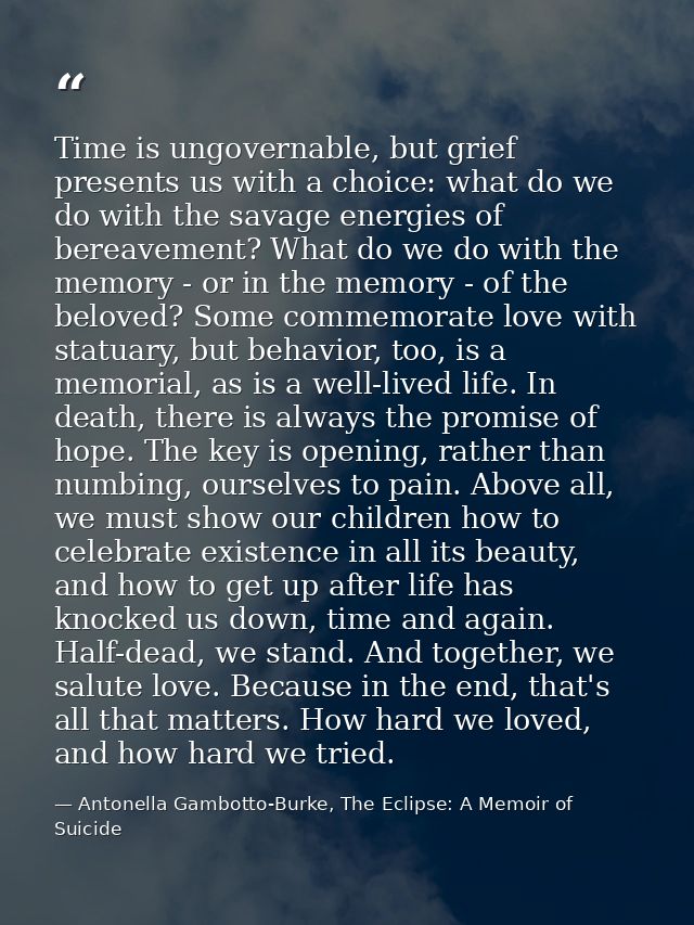 Time is ungovernable, but grief presents us with a choice: what do we do with the savage energies of bereavement? What d — Antonella Gambotto-Burke, The Eclipse: A Memoir of Suicide