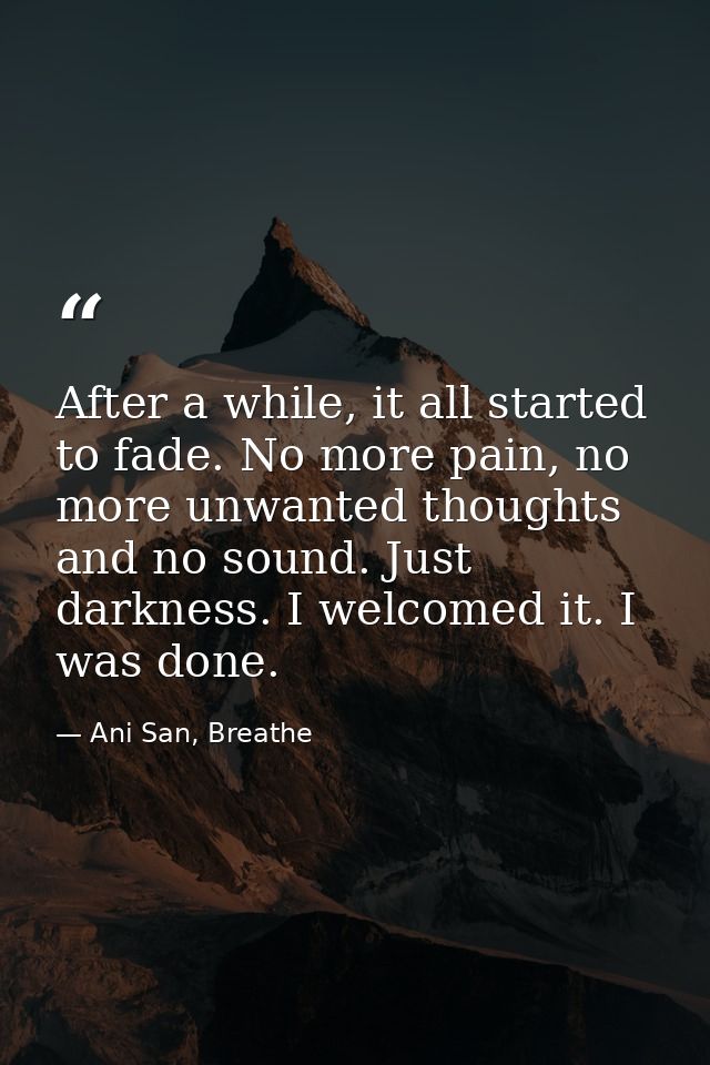 After a while, it all started to fade. No more pain, no more unwanted thoughts and no sound. Just darkness. I welcomed i — Ani San, Breathe