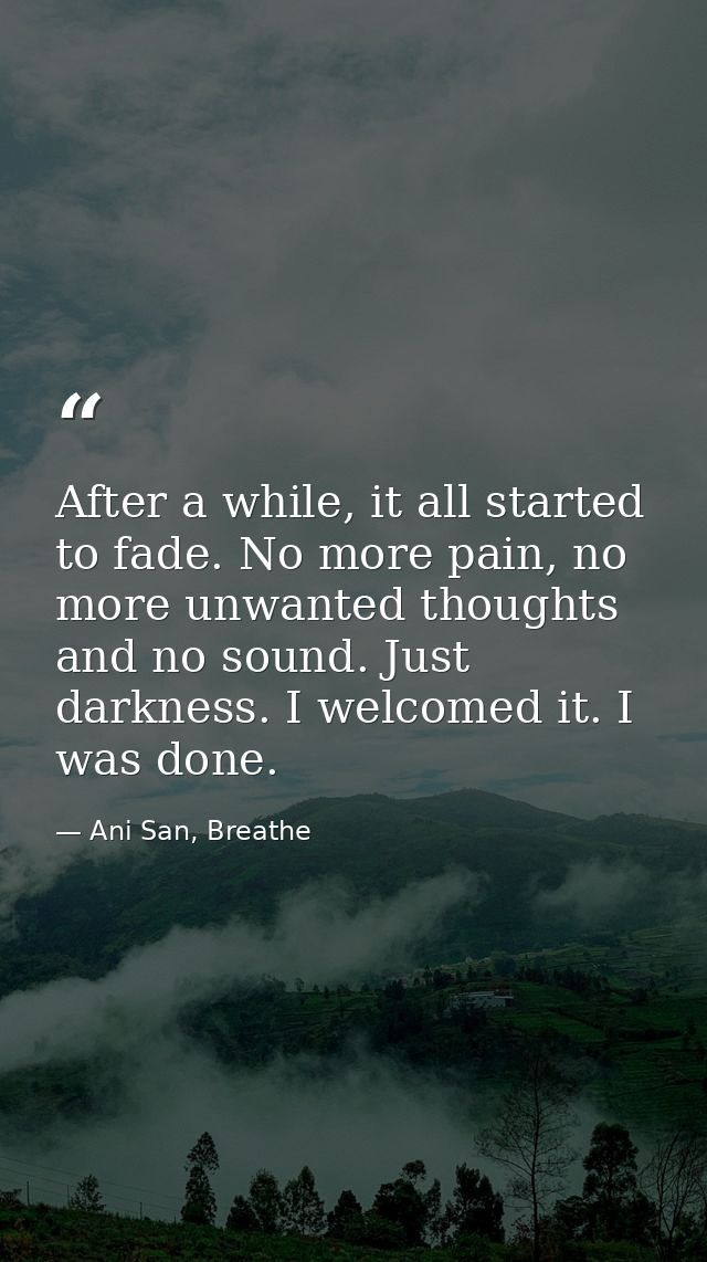 After a while, it all started to fade. No more pain, no more unwanted thoughts and no sound. Just darkness. I welcomed i — Ani San, Breathe
