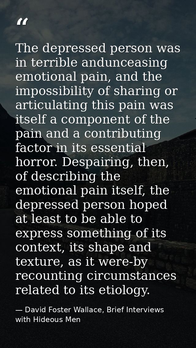 The depressed person was in terrible andunceasing emotional pain, and the impossibility of sharing or articulating this  — David Foster Wallace, Brief Interviews with Hideous Men