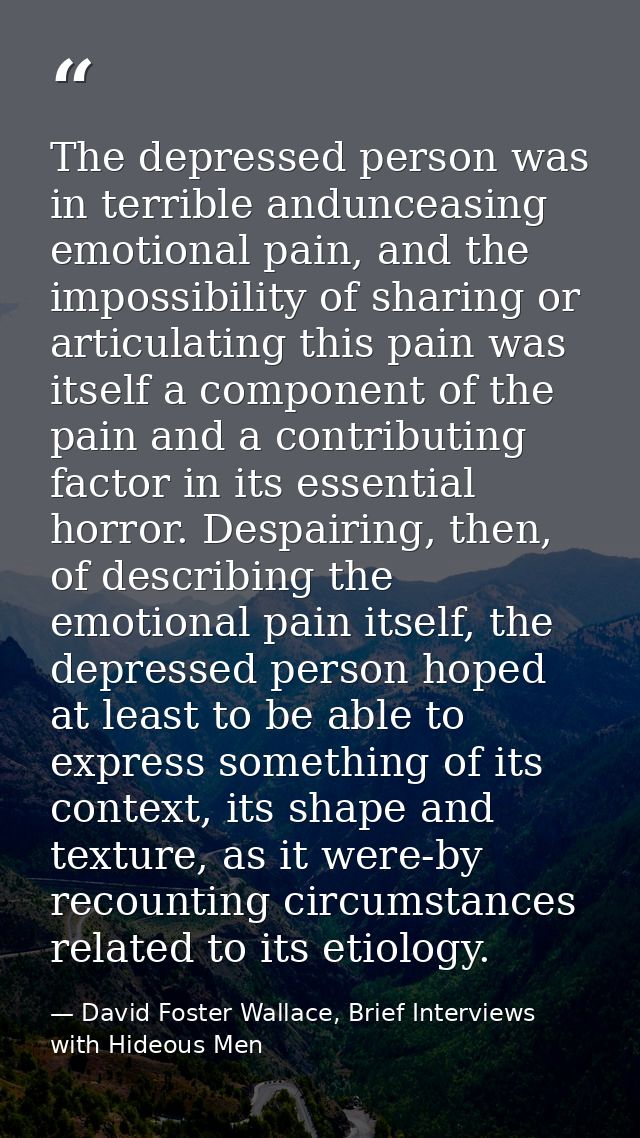 The depressed person was in terrible andunceasing emotional pain, and the impossibility of sharing or articulating this  — David Foster Wallace, Brief Interviews with Hideous Men