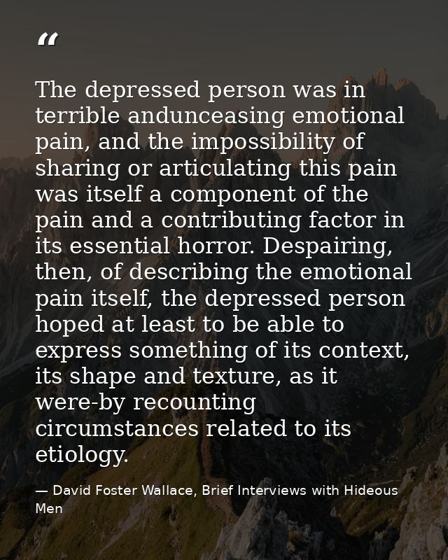 The depressed person was in terrible andunceasing emotional pain, and the impossibility of sharing or articulating this  — David Foster Wallace, Brief Interviews with Hideous Men