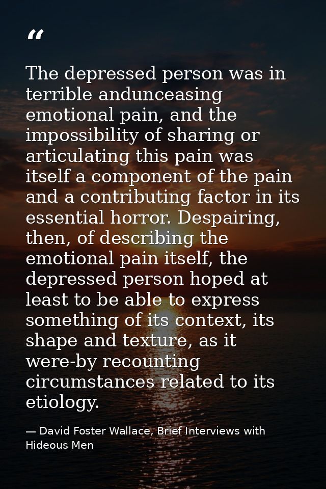 The depressed person was in terrible andunceasing emotional pain, and the impossibility of sharing or articulating this  — David Foster Wallace, Brief Interviews with Hideous Men
