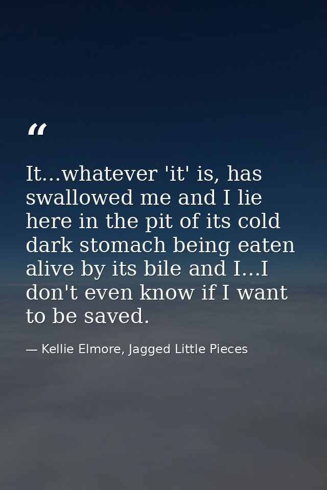 It...whatever 'it' is, has swallowed me and I lie here in the pit of its cold dark stomach being eaten alive by its bile — Kellie Elmore, Jagged Little Pieces