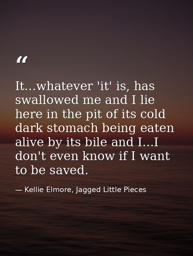 It...whatever 'it' is, has swallowed me and I lie here in the pit of its cold dark stomach being eaten alive by its bile — Kellie Elmore, Jagged Little Pieces