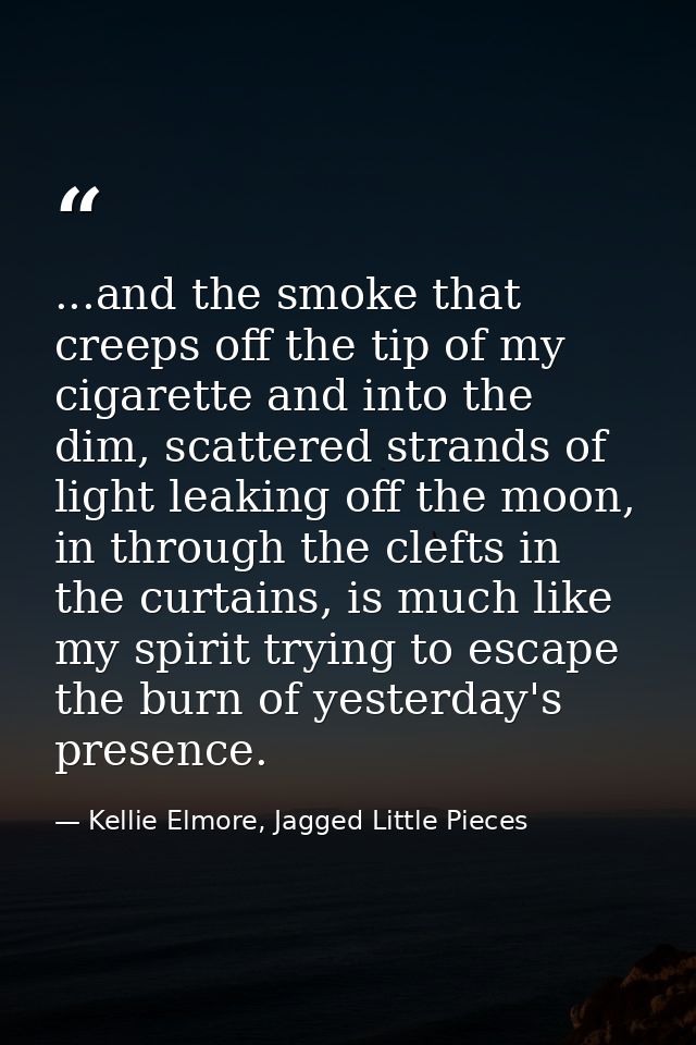 ...and the smoke that creeps off the tip of my cigarette and into the dim, scattered strands of light leaking off the mo — Kellie Elmore, Jagged Little Pieces